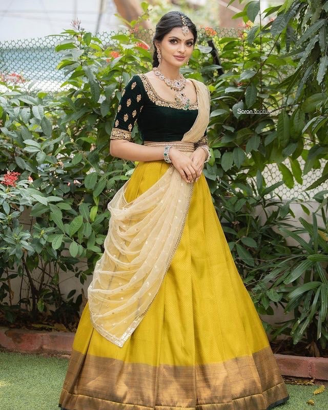 Special Wedding Blend Yellow Designer Lehenga Half Saree