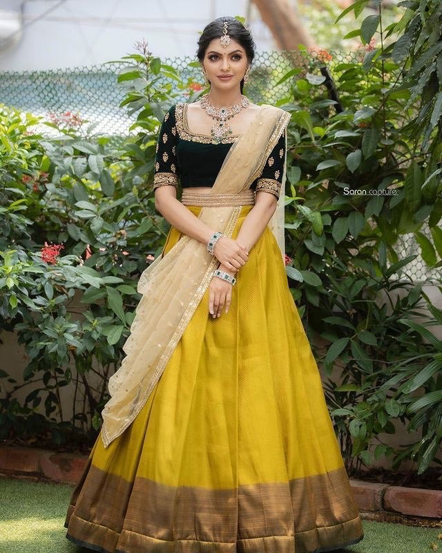 Special Wedding Blend Yellow Designer Lehenga Half Saree