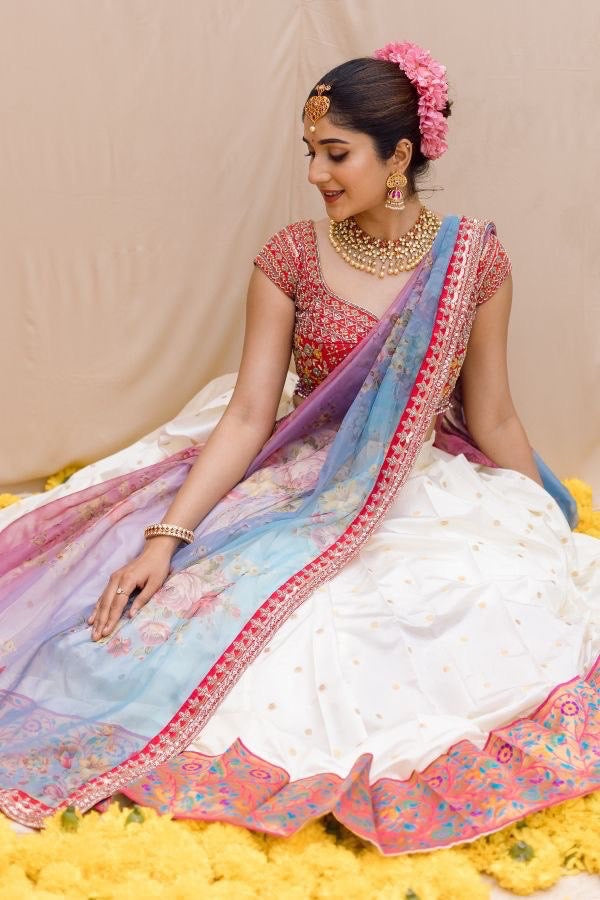 Polar White wid Pink & Sky Combination Designer Rich South Indian Half Saree