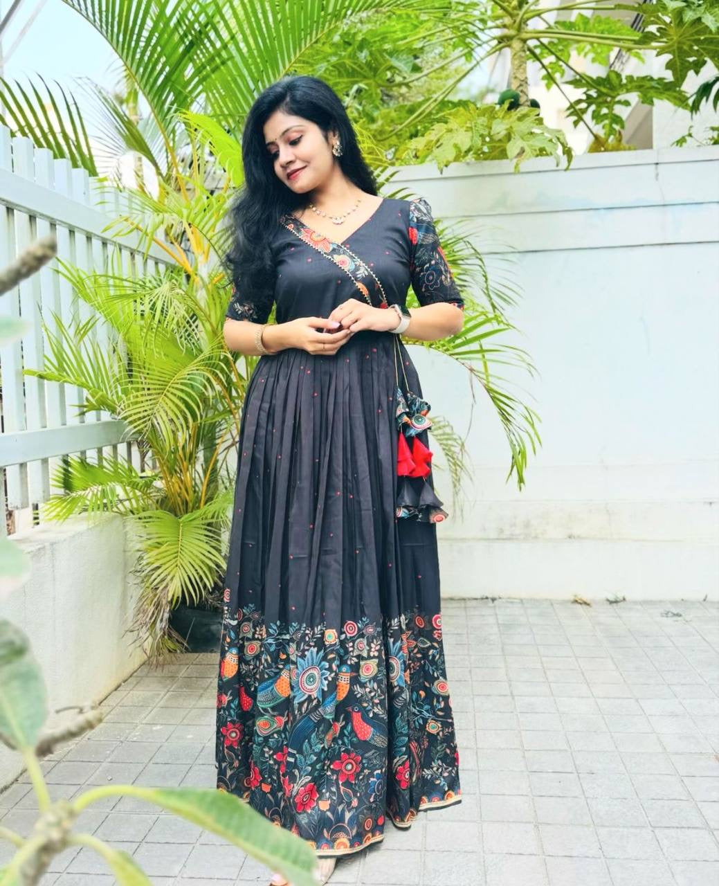 Black Multi Kalamkari Print Festival Traditional Gown