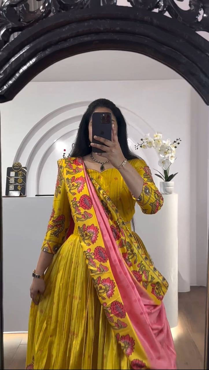 Twining Yellow and Purple Wid Multi Kalamkari Print Lehenga Choli