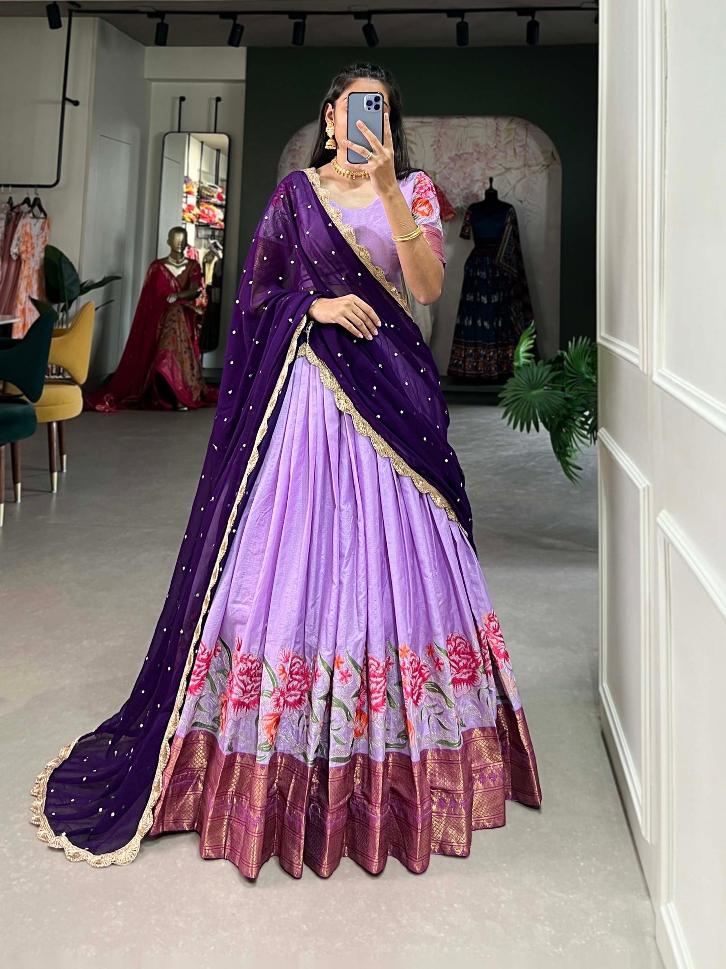 Attention Stunning Cotton Silk Thread Embroidery Lehenga Choli Wid Drape Georgette Dupatta