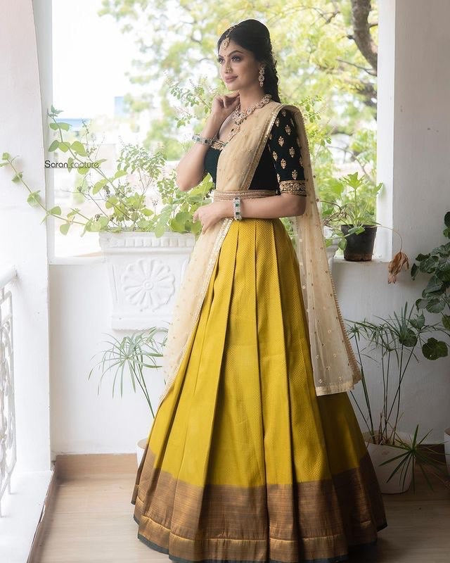 Special Wedding Blend Yellow Designer Lehenga Half Saree