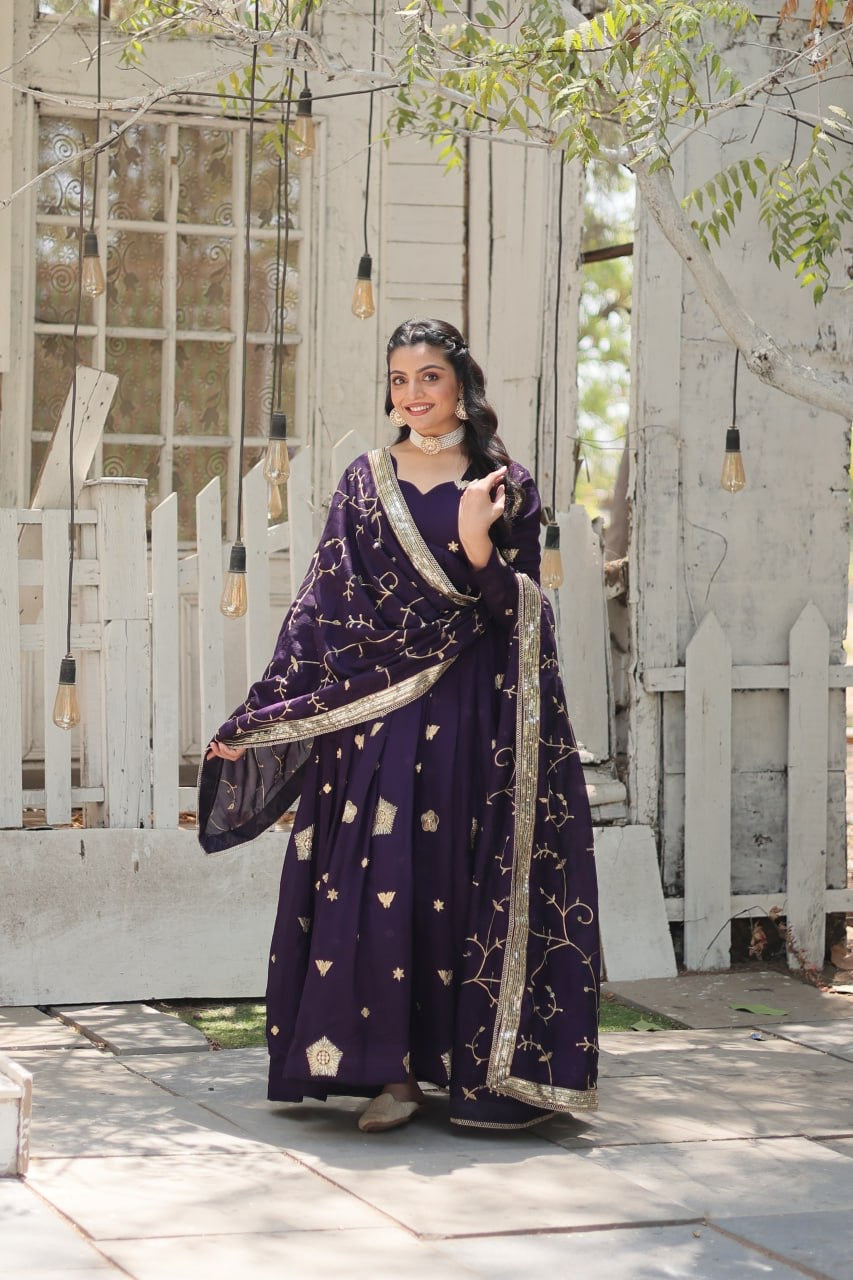 Modern Stylish Designer Worked Beige or Purple Two Gown with Rich Dupatta