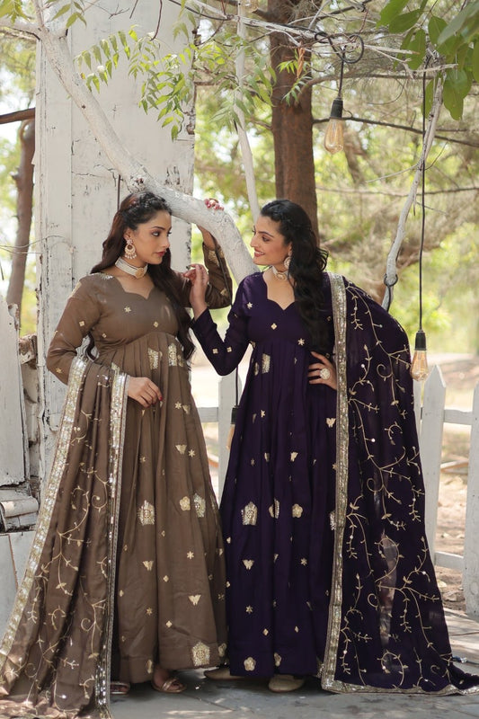 Modern Stylish Designer Worked Beige or Purple Two Gown with Rich Dupatta