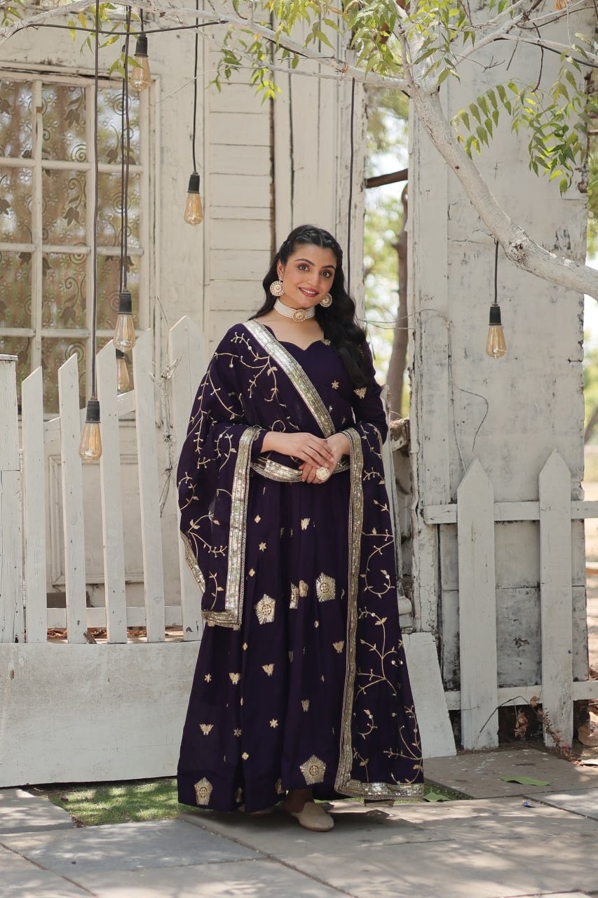 Modern Stylish Designer Worked Beige or Purple Two Gown with Rich Dupatta