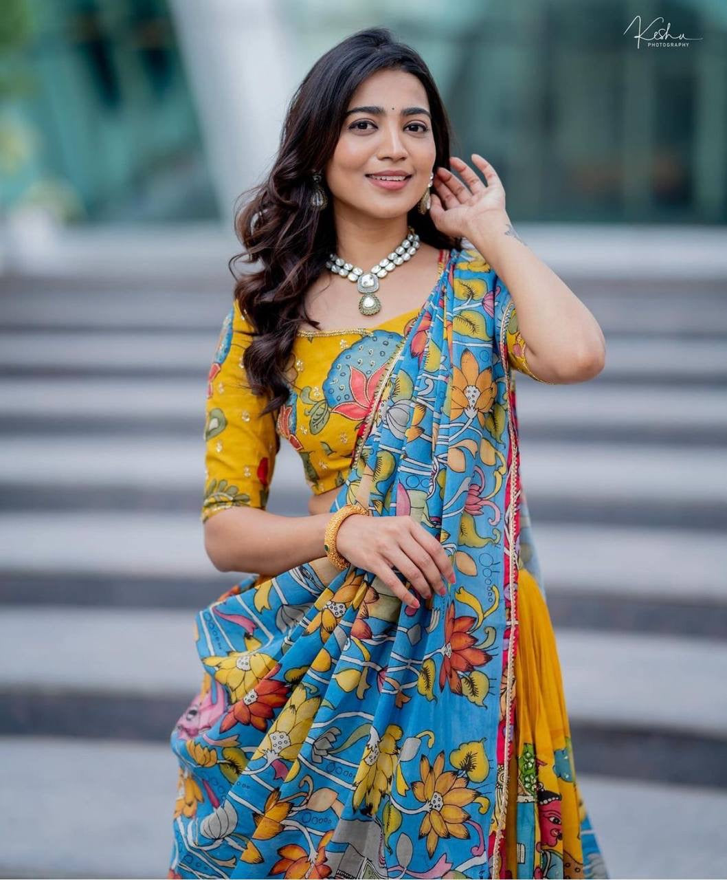 Musterd Wid Multi Kalamkari Print Lehenga Choli