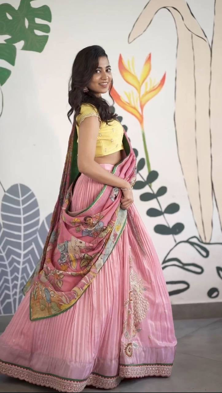 Baby Pink wid Multi Kalamkari Prints Lehenga Choli and Yellow Blouse Combination