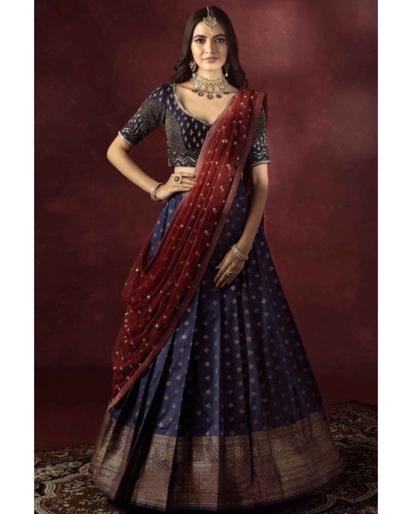 Zari Gold Blue With Maroon Combined Worked South Indian Special Occasion Lehenga Half Saree