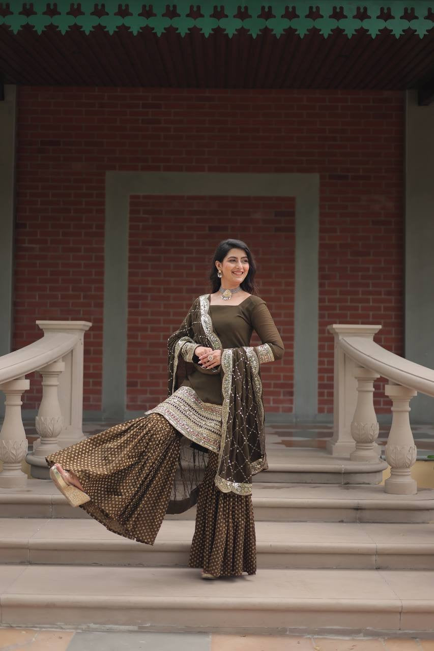 Introducing the SHIVTRAA LUX PREMIUM DESIGNER READYMADE TOP-SHARARA-DUPATTA COLLECTION!