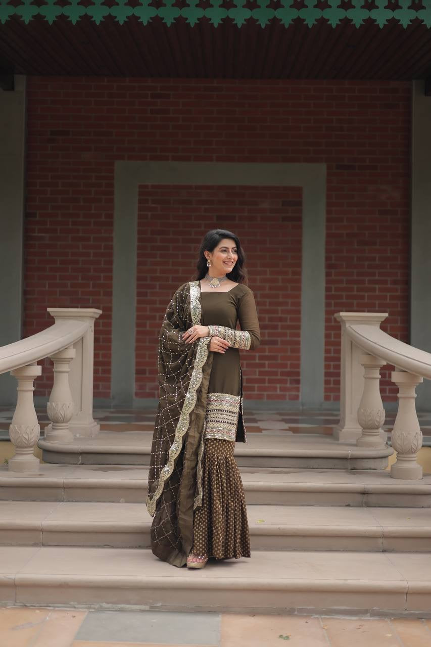 Introducing the SHIVTRAA LUX PREMIUM DESIGNER READYMADE TOP-SHARARA-DUPATTA COLLECTION!