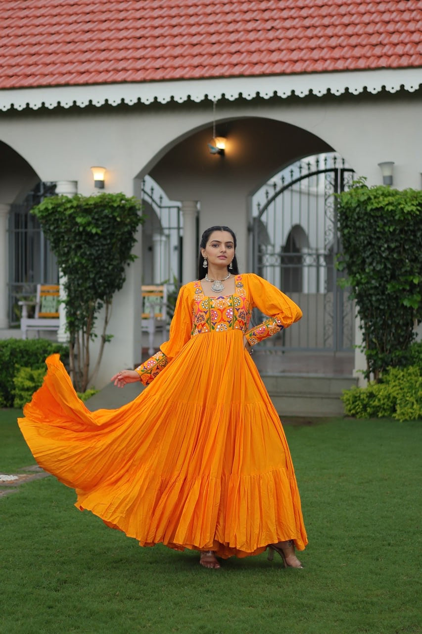 NAVRATRI DESIGNER MUSTERD GOWN COLLECTIONS FOR 2025 CELEBRATING GUJJUS GARBA