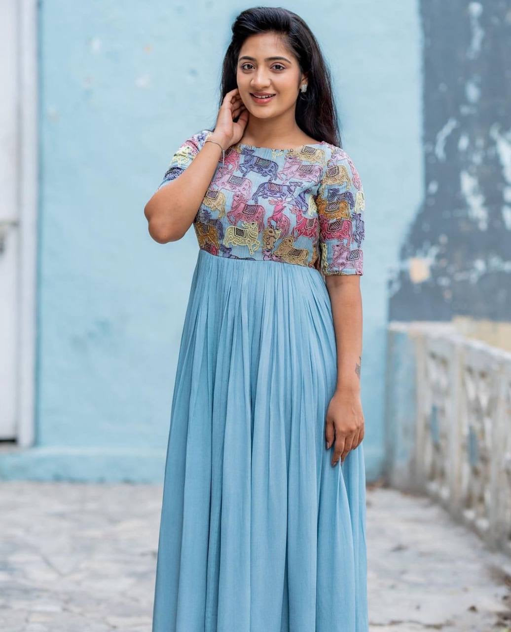 Handworks Stunning Designer SkyBlue Kalamkari Print Gown