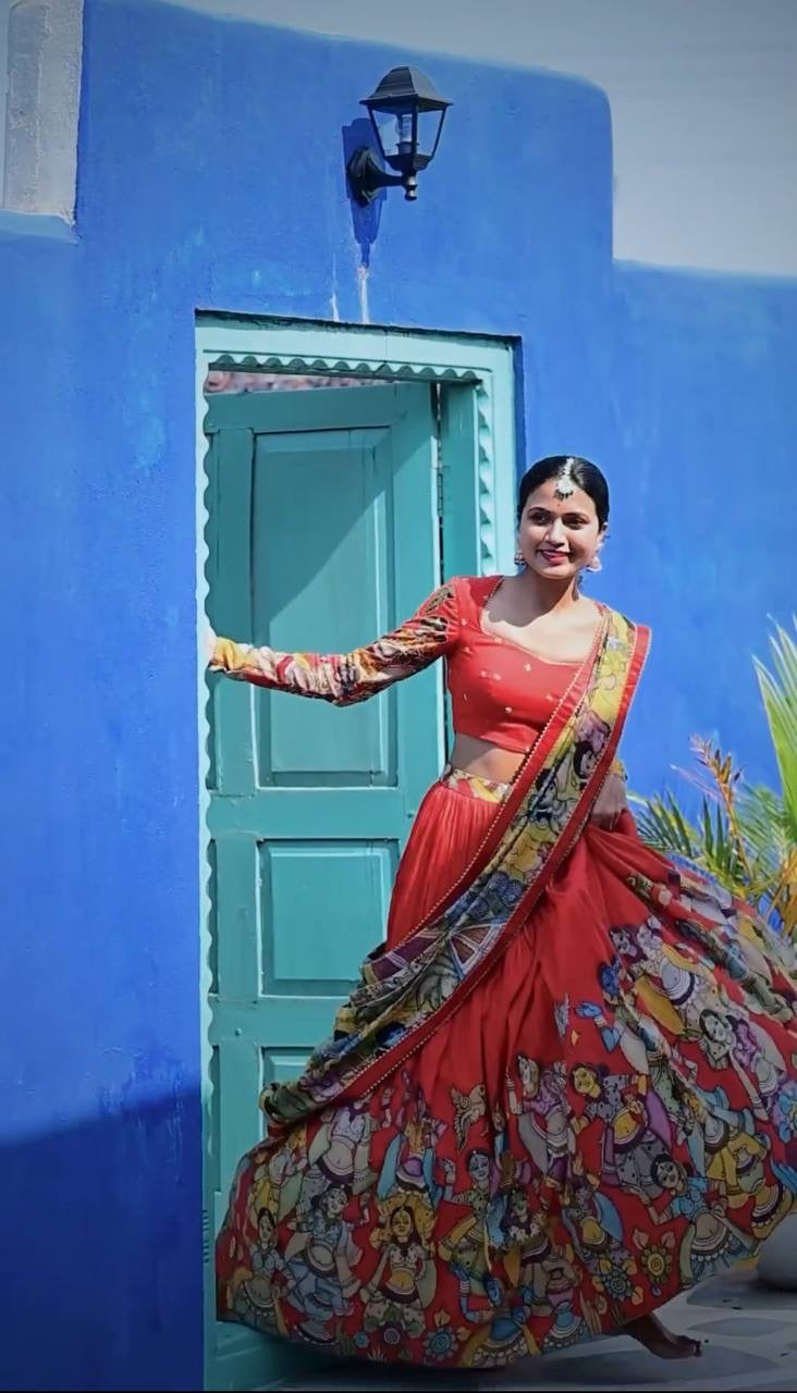 Twining Purple and Tameto Wid Multi Kalamkari Print Lehenga Choli