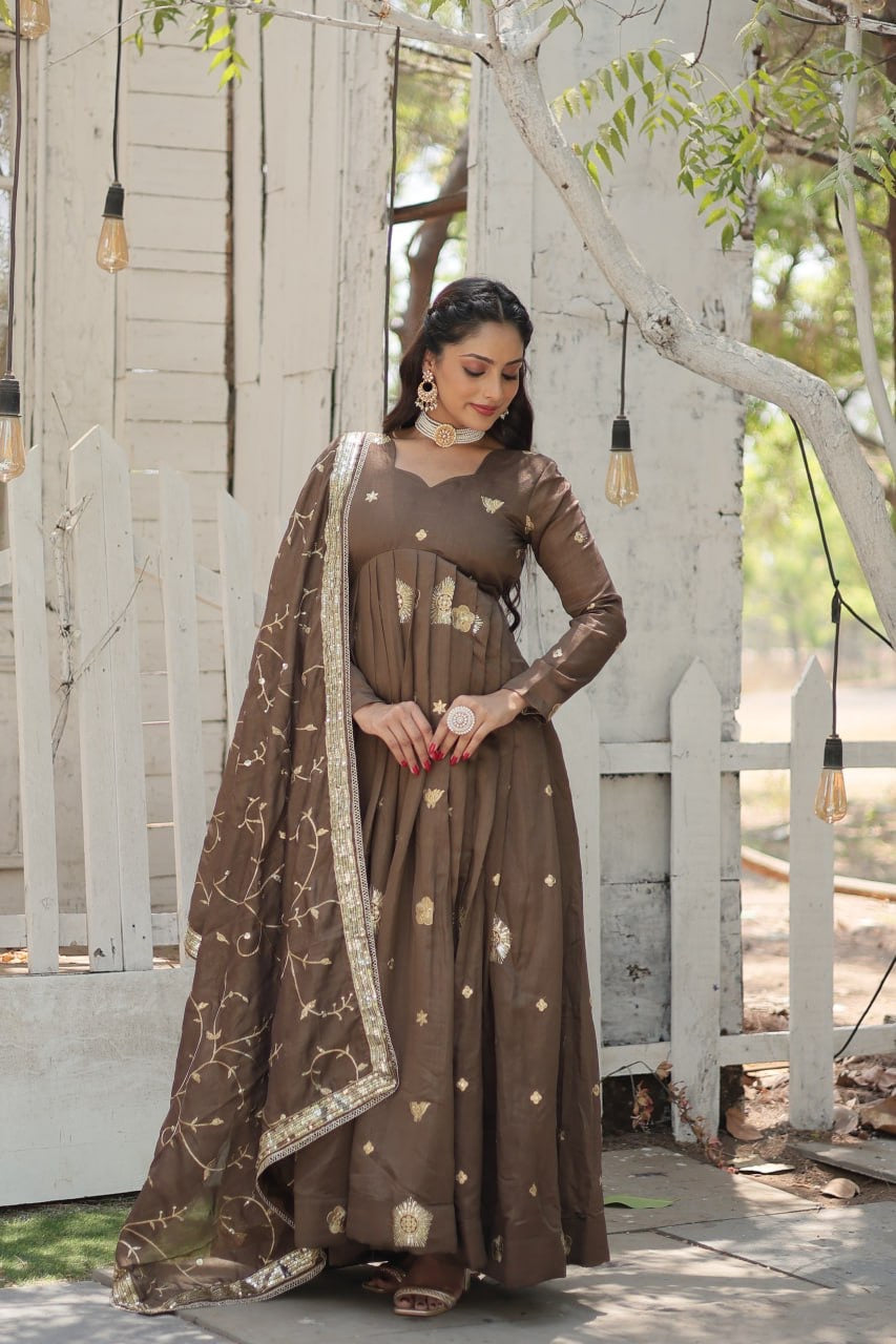 Modern Stylish Designer Worked Beige or Purple Two Gown with Rich Dupatta