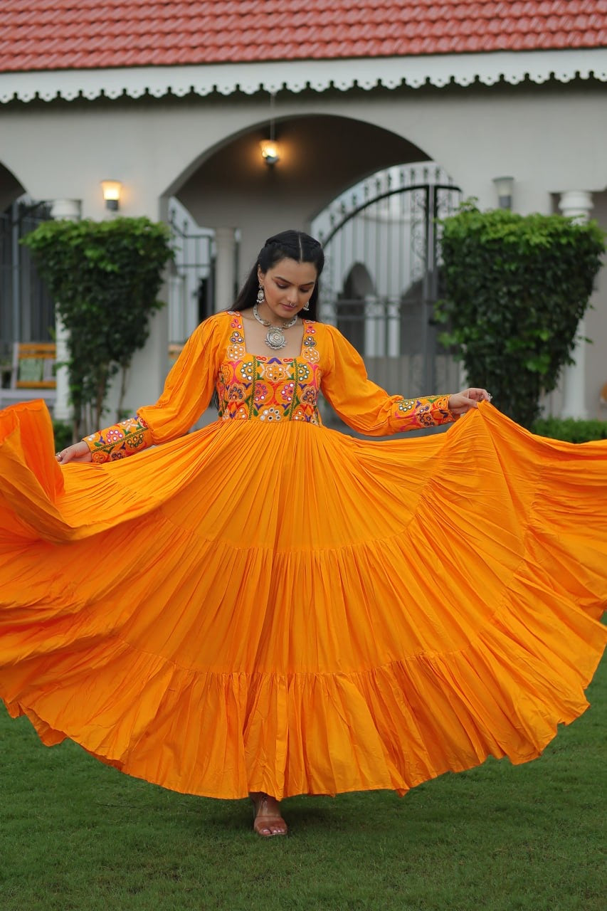 NAVRATRI DESIGNER MUSTERD GOWN COLLECTIONS FOR 2025 CELEBRATING GUJJUS GARBA