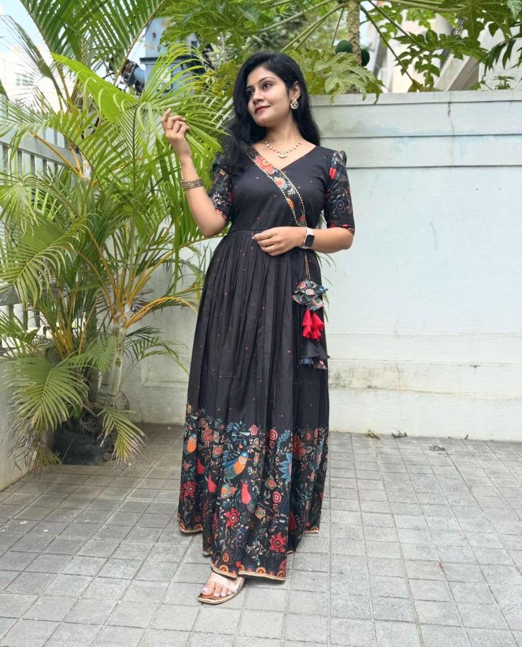 Black Multi Kalamkari Print Festival Traditional Gown