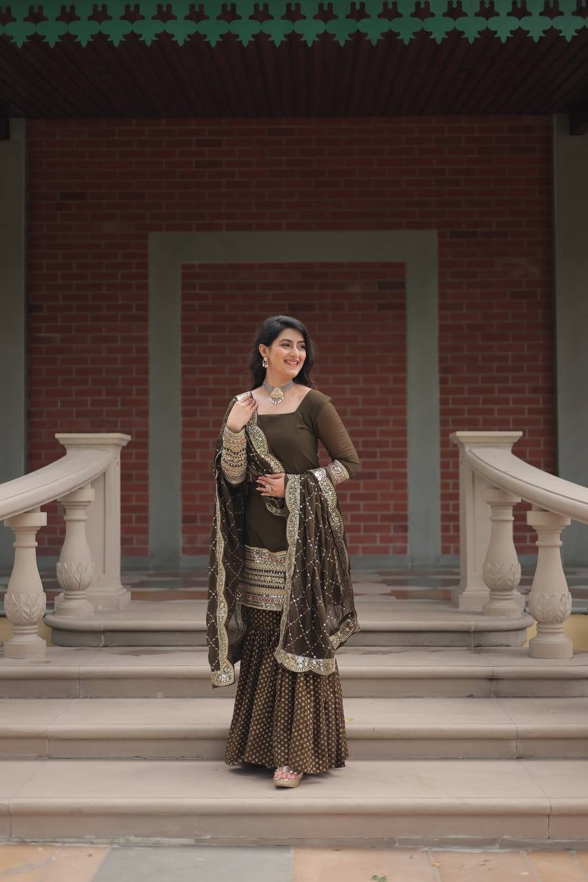 Introducing the SHIVTRAA LUX PREMIUM DESIGNER READYMADE TOP-SHARARA-DUPATTA COLLECTION!