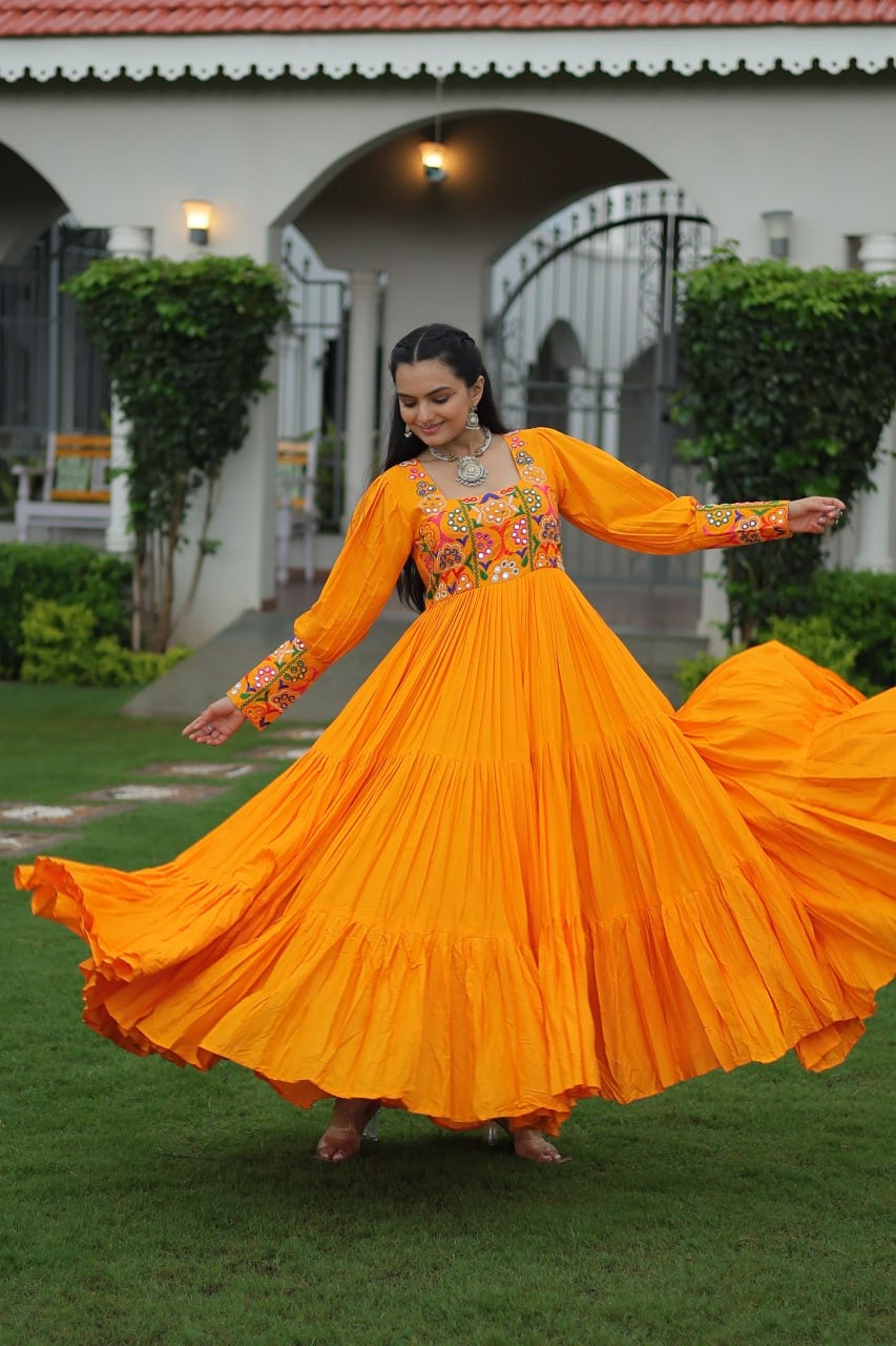 NAVRATRI DESIGNER MUSTERD GOWN COLLECTIONS FOR 2025 CELEBRATING GUJJUS GARBA