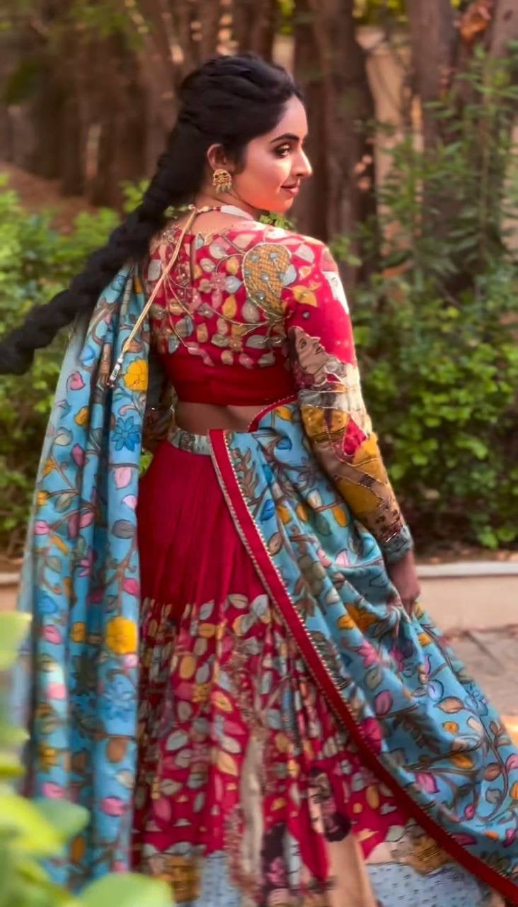 Shiny Maroon Kalamkari Printed Lehenga Choli