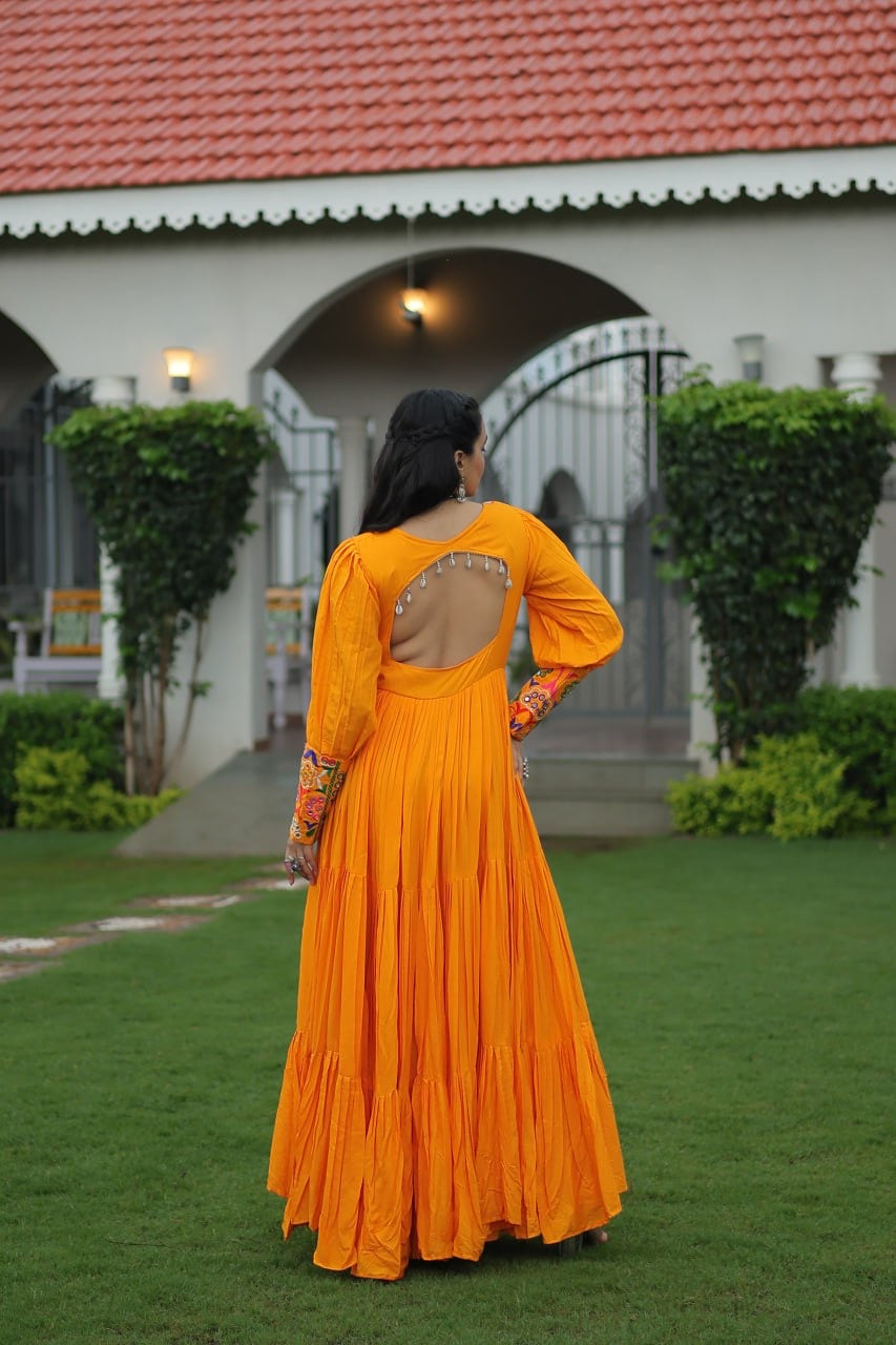 NAVRATRI DESIGNER MUSTERD GOWN COLLECTIONS FOR 2025 CELEBRATING GUJJUS GARBA