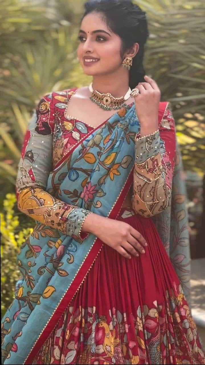 Shiny Maroon Kalamkari Printed Lehenga Choli