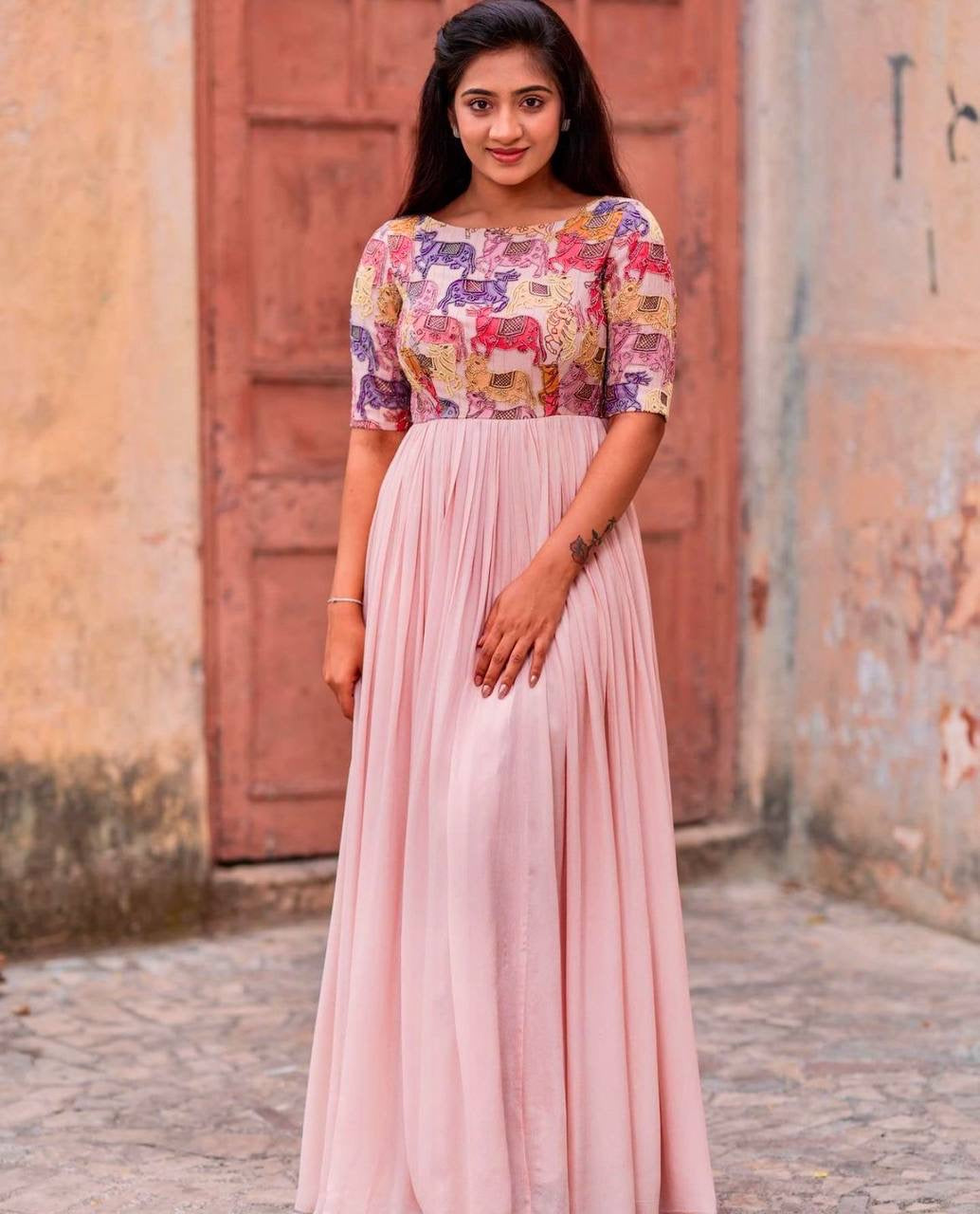 Handworks Stunning Designer Peach Pink Kalamkari Print Gown