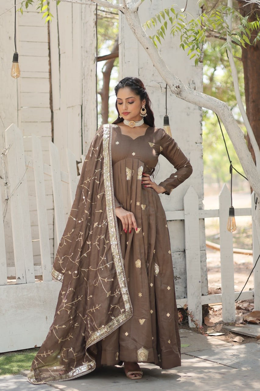 Modern Stylish Designer Worked Beige or Purple Two Gown with Rich Dupatta