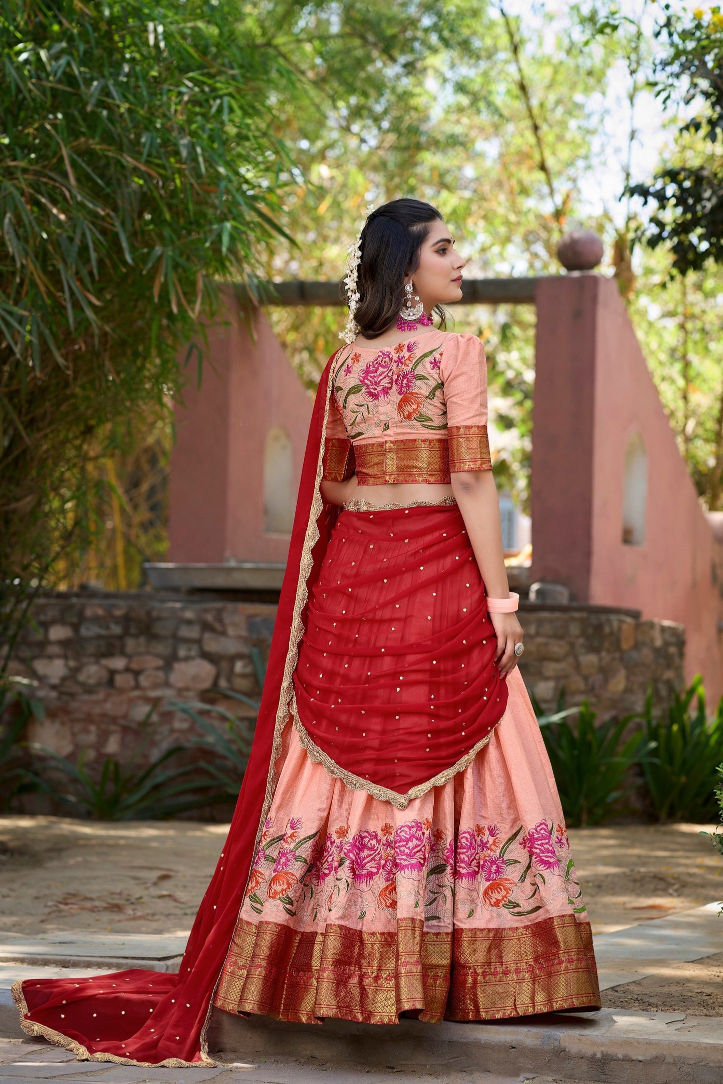 Ishaani Attention Stunning Cotton Silk Thread Embroidery Lehenga Choli Wid Drape Georgette Dupatta