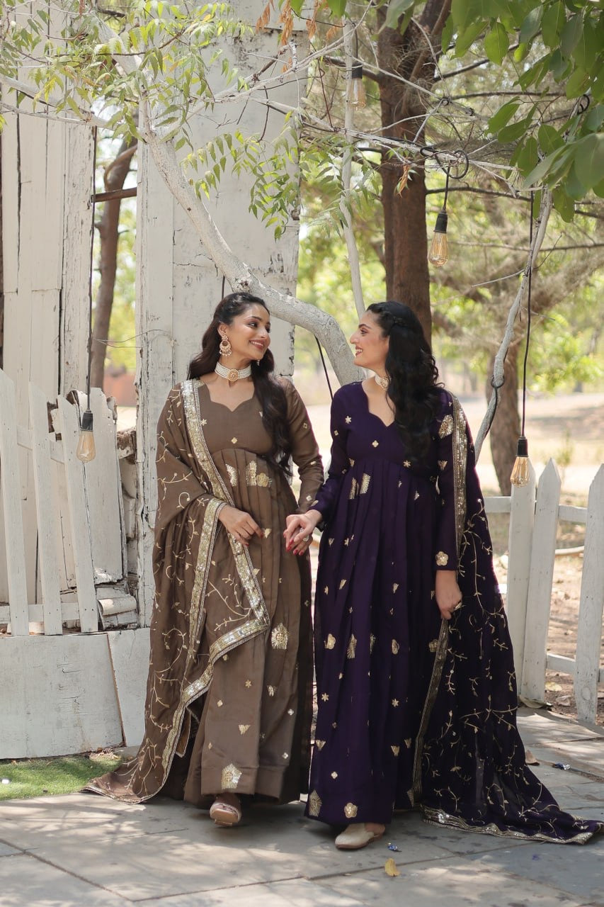 Modern Stylish Designer Worked Beige or Purple Two Gown with Rich Dupatta