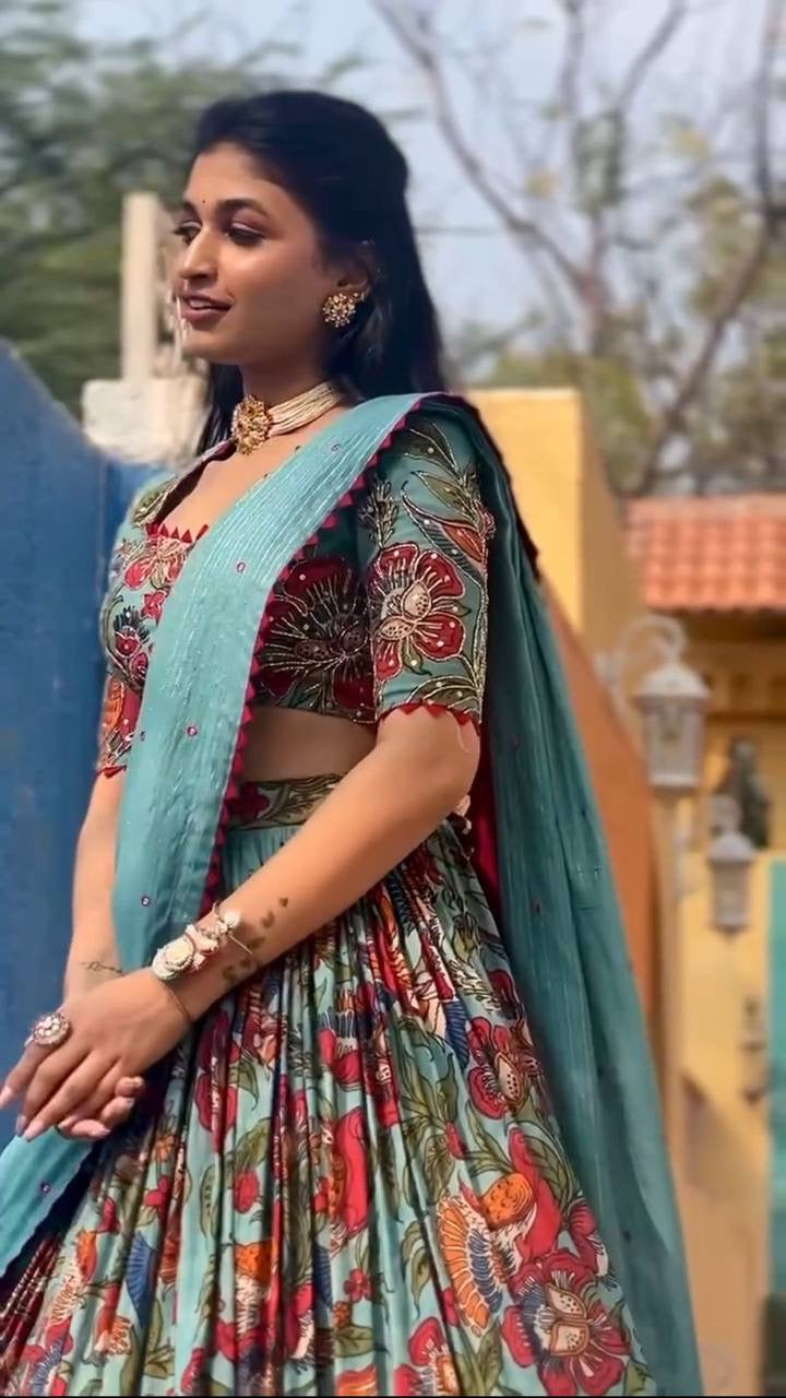 Shiny Teal  Kalamkari Print Lehenga Choli