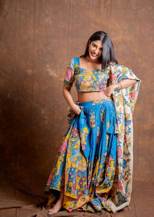 Shivtraa Launched of Creation is a Skyblue Kalamkari Print Lehenga Choli set.