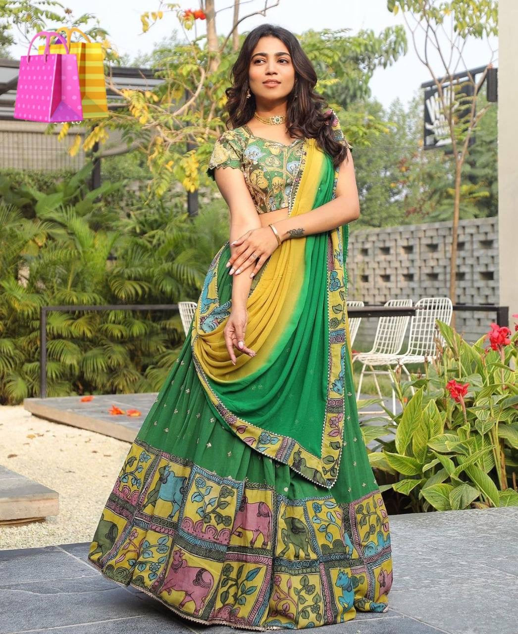 Green Wid Multi Kalamkari Print Lehenga Choli