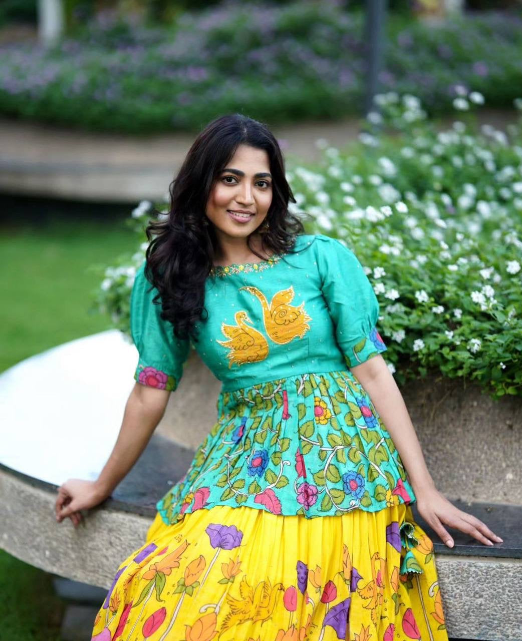 Teal Yellow Multi Kalamkari Print Festival Stunning Lehenga Shrug