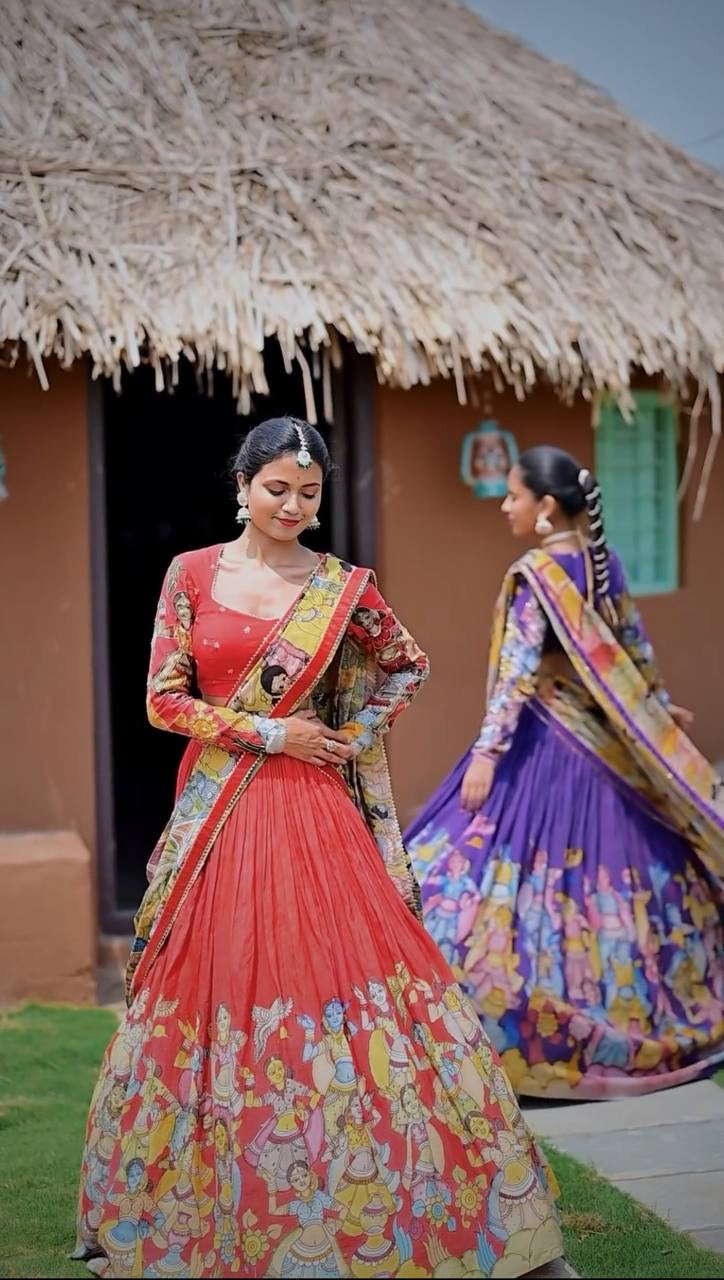 Twining Purple and Tameto Wid Multi Kalamkari Print Lehenga Choli