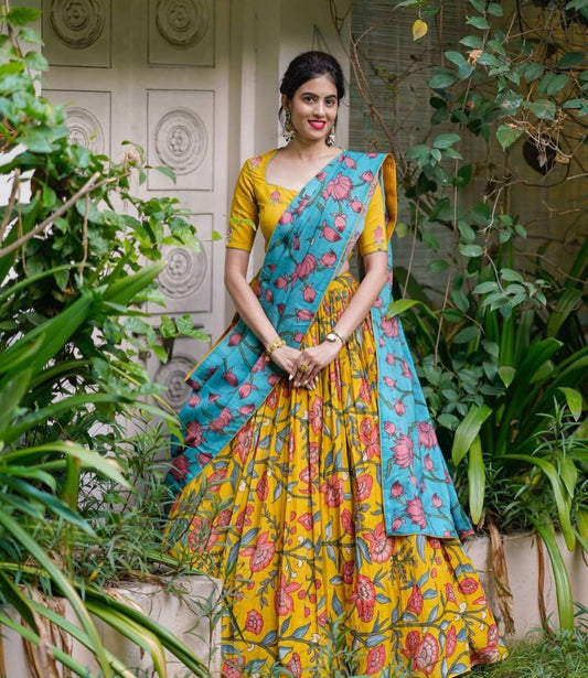 Royal Musterd Wid Multi Kalamkari Print Lehenga Choli