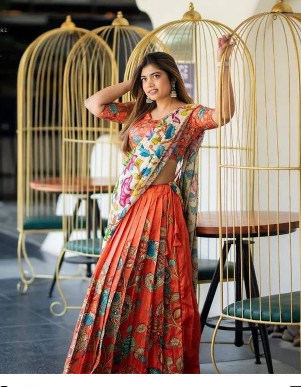 Orange Multi Kalamkari Print Lehenga Choli