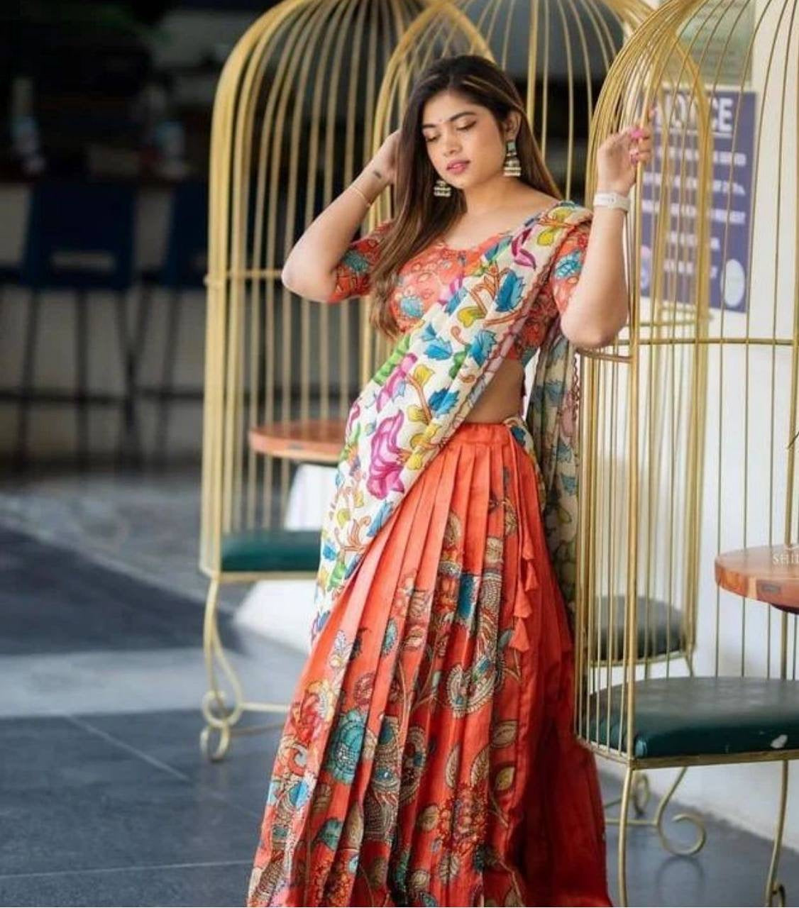 Orange Multi Kalamkari Print Lehenga Choli