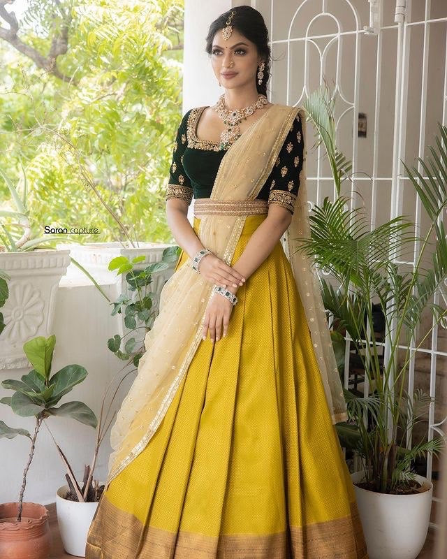 Special Wedding Blend Yellow Designer Lehenga Half Saree