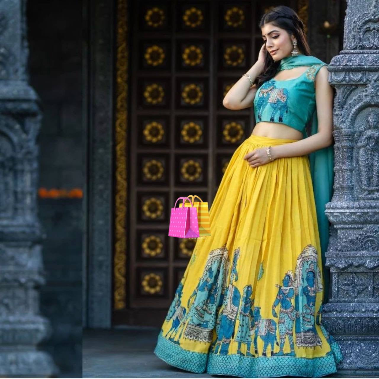 Twining Yellow Wid Multi Kalamkari Print Lehenga Choli