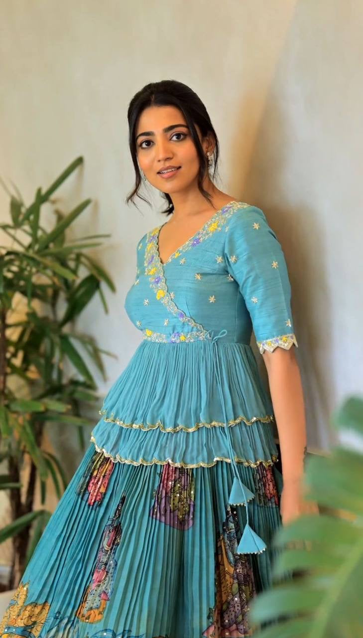 Royal Sky Blue Multi Kalamkari Print Festival Stunning Bespoke Crop Top