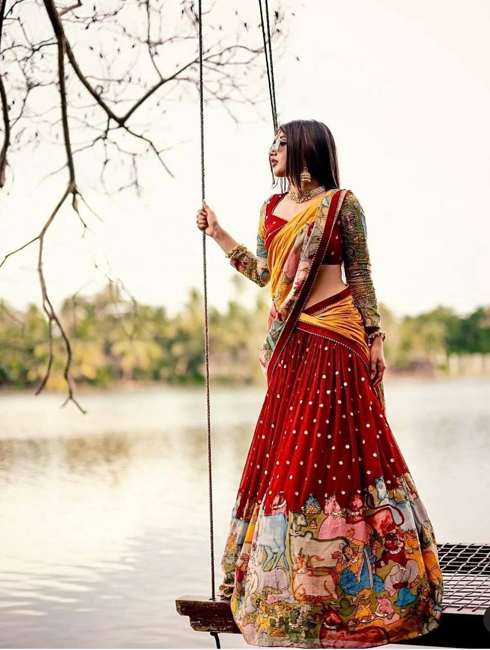 Red Wid Multi Kalamkari Print Lehenga Choli