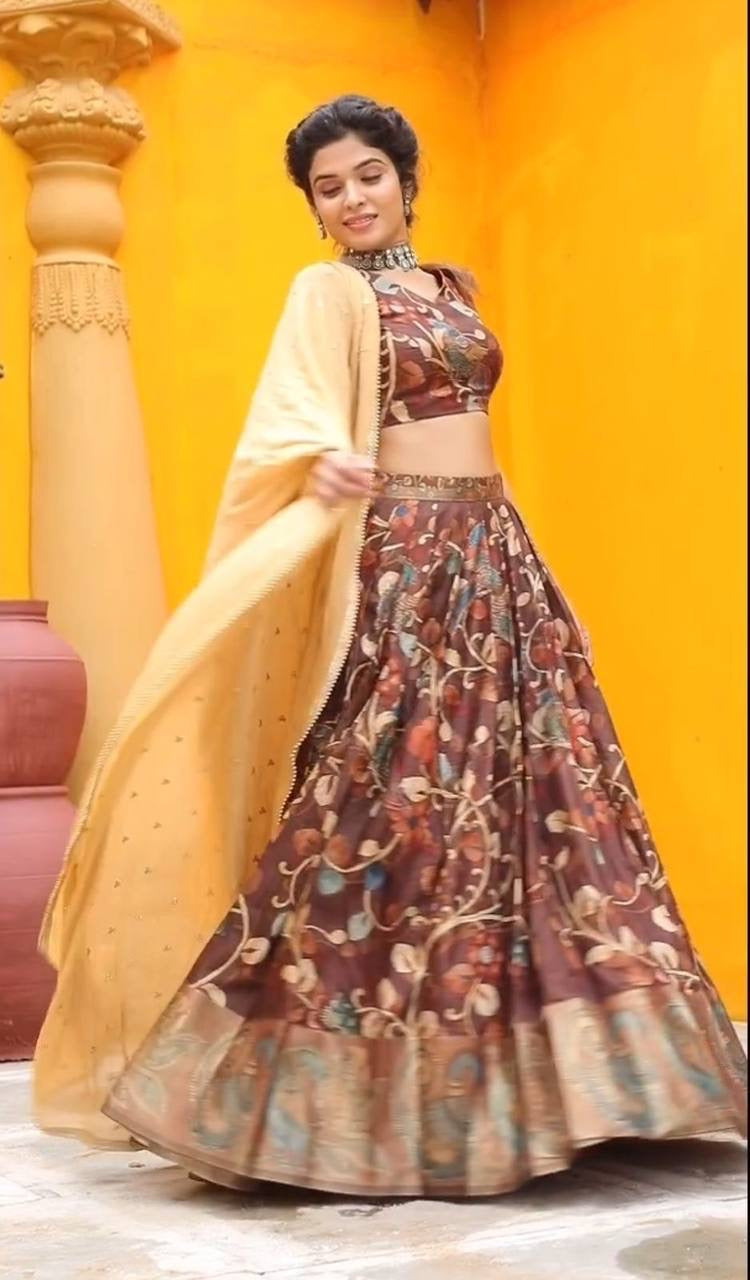 Chocolate Brown Wid Multi Kalamkari Print Lehenga Choli