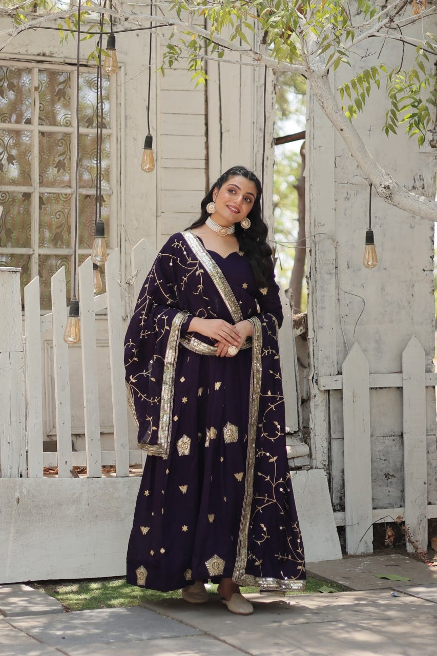 Modern Stylish Designer Worked Beige or Purple Two Gown with Rich Dupatta