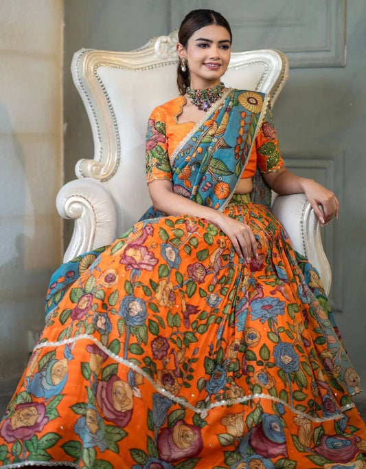 Shivtraa Creation is launching a Orange Kalamkari Print Lehenga Choli set