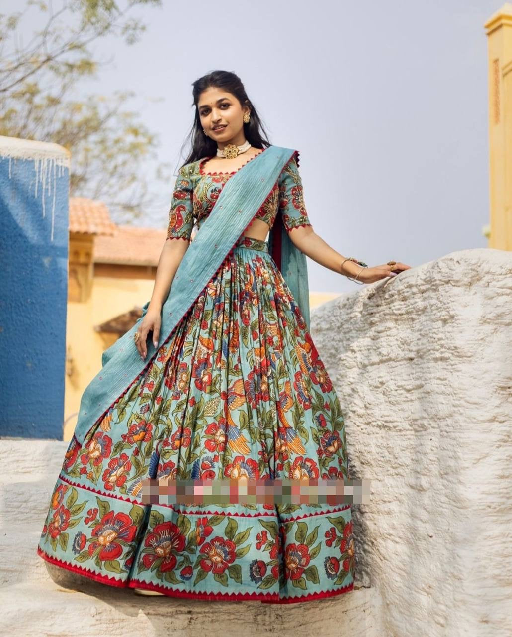 Shiny Teal  Kalamkari Print Lehenga Choli