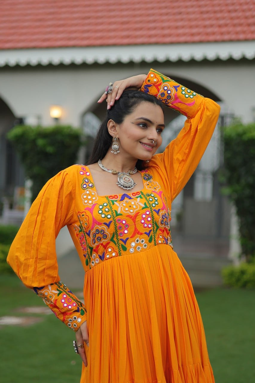 NAVRATRI DESIGNER MUSTERD GOWN COLLECTIONS FOR 2025 CELEBRATING GUJJUS GARBA
