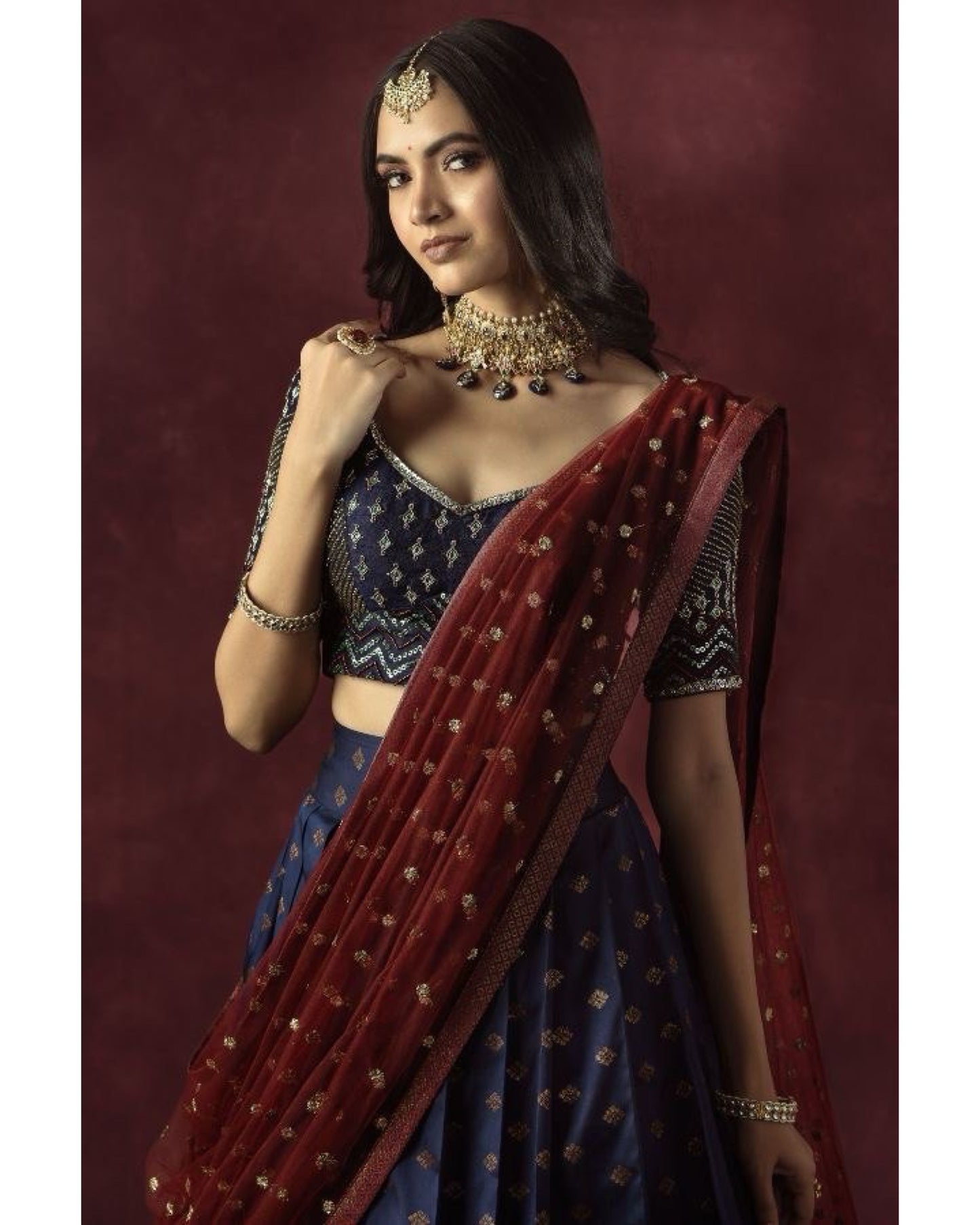 Zari Gold Blue With Maroon Combined Worked South Indian Special Occasion Lehenga Half Saree