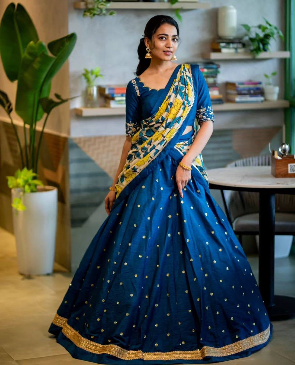 Shine Nebula Blue Wid Multi Kalamkari Print Lehenga Choli