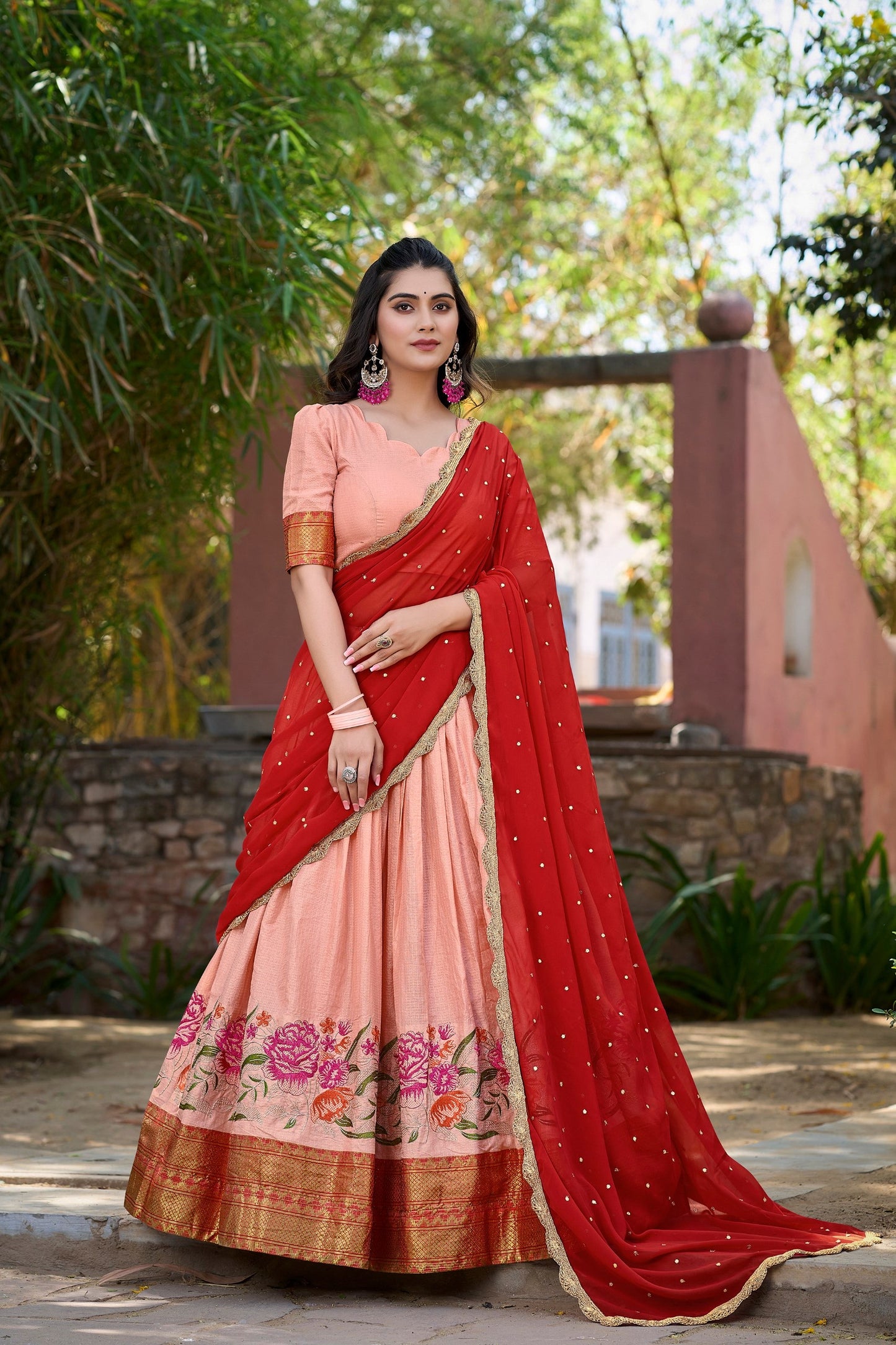 Ishaani Attention Stunning Cotton Silk Thread Embroidery Lehenga Choli Wid Drape Georgette Dupatta